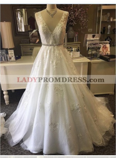 2023 Cheap A Line/Princess V Neck Tulle Beaded Sash Classic Wedding Dresses / Bridal Gowns