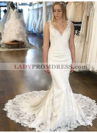 2023 New Arrival Mermaid/Trumpet V Neck Backless Lace Long Wedding Dresses / Bridal Gowns
