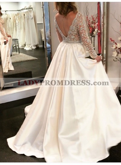 2023 New Arrival A Line/Princess Satin Long Sleeves Front Slit Beaded Backless Wedding Dresses / Bridal Gowns
