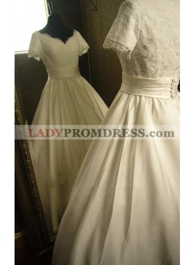 2023 Classic Sweetheart Satin Short Sleeves Long Lace Ball Gown Wedding Dresses / Bridal Gowns
