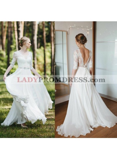 Cheap A Line/Princess Chiffon Long Sleeves Backless Lace Bowknot Beach Wedding Dresses / Bridal Gowns 2023