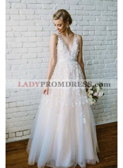 2023 Fashion A Line/Princess V Neck Tulle With Appliques Beach Wedding Dresses / Bridal Gowns