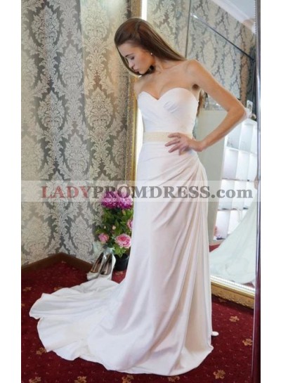 Cheap Sheath Pleated Satin Sweetheart Lace Up Back Belt Wedding Dresses / Bridal Gowns 2023