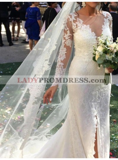 New Arrival Sheath Side Slit Long Sleeves Lace Sweetheart 2023 Wedding Dresses / Bridal Gowns