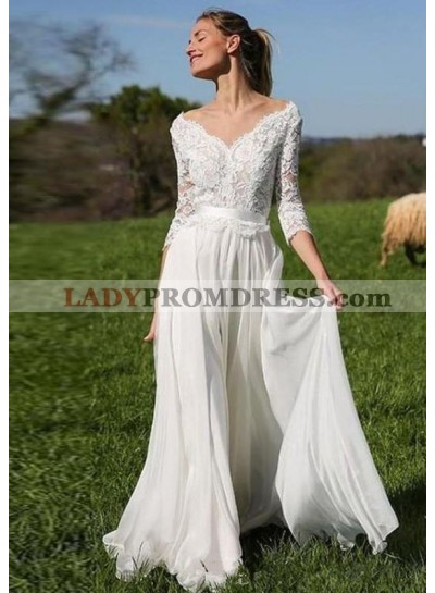 Cheap Chiffon A Line/Princess Long Sleeves Backless Belt Lace Beach Wedding Dresses / Bridal Gowns 2023