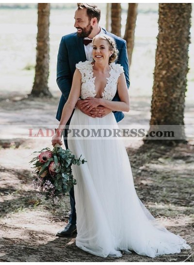 2023 Fashion A Line/Princess See Through Backless Lace Open Front Tulle Lace Beach Wedding Dresses / Bridal Gowns