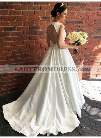 Classic A Line/Princess Satin Backless 2023 V Neck Cheap Long Wedding Dresses / Bridal Gowns