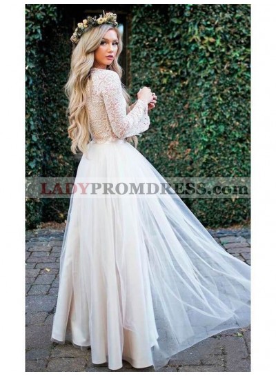 2023 New Arrival A Line/Princess Long Sleeves Champagne Tulle Lace Wedding Dresses / Bridal Gowns