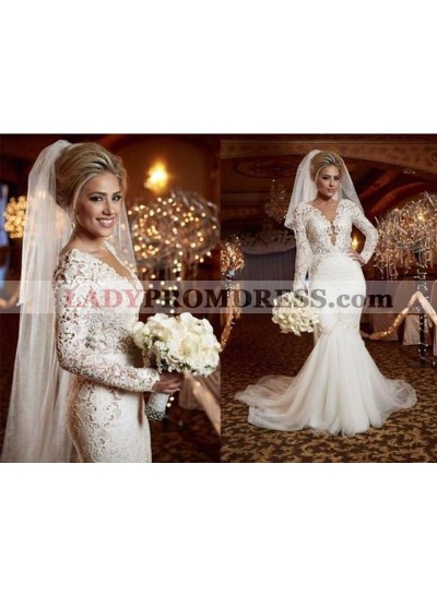 2023 Charming Mermaid/Trumpet Long Sleeves Backless Open Front Classic Wedding Dresses / Bridal Gowns