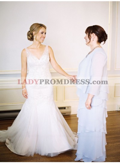 2023 Charming Mermaid/Trumpet V Neck Backless Tulle Wedding Dresses / Bridal Gowns With Appliques