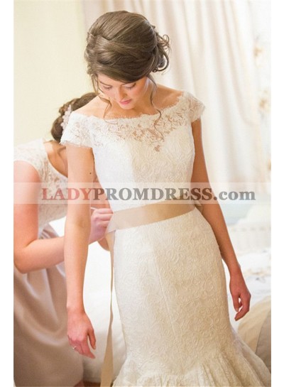 2023 Elegant Mermaid/Trumpet Capped Sleeves Lace Bowknot Wedding Dresses / Bridal Gowns