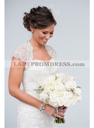 2023 Classic Mermaid/Trumpet Sweetheart Capped Sleeves Beaded Long Lace Wedding Dresses / Bridal Gowns