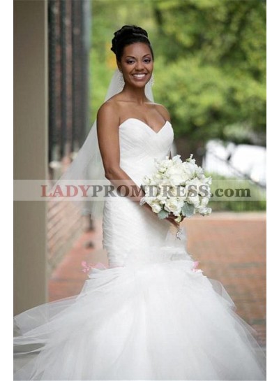 Cheap Mermaid/Trumpet White Sweetheart Lace Up Back Tulle Pleated 2023 Wedding Dresses / Bridal Gowns