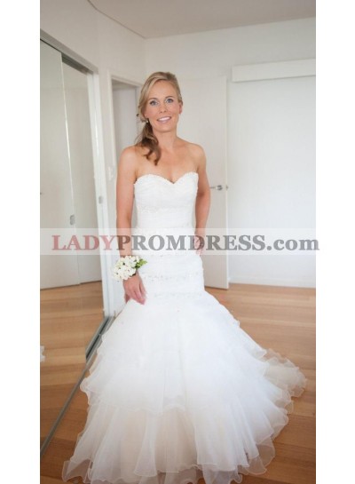 2023 Charming Mermaid/Trumpet Sweetheart Organza Pleated Lace Up Back Beaded Wedding Dresses / Bridal Gowns