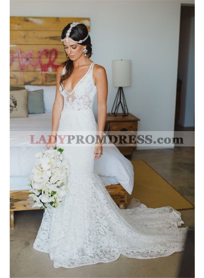 2023 New Arrival Sheath V Neck Low Lace Long Beach Wedding Dresses / Bridal Gowns