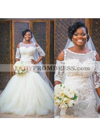 2023 New Arrival Mermaid/Trumpet Long Sleeves Bateau Tulle Plus Size Wedding Dresses / Bridal Gowns