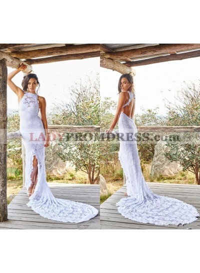 2023 New Arrival Sheath White Side Slit Lace Backless Halter Beach Wedding Dresses / Bridal Gowns