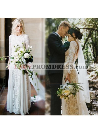 2023 Cheap A Line/Princess Chiffon Lace Long Sleeves Backless Beach Wedding Dresses / Bridal Gowns