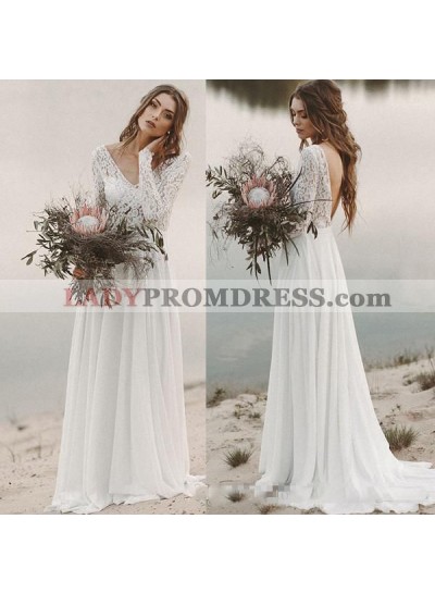 2023 Elegant A Line/Princess Chiffon Long Sleeves V Neck Beach Wedding Dresses / Bridal Gowns
