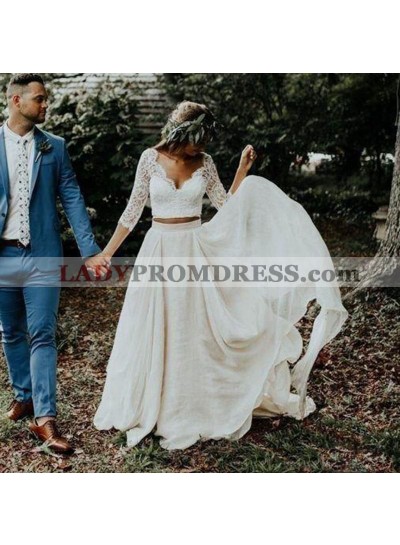 Cheap A Line/Princess Chiffon Sweetheart Two Pieces Lace Beach Two Pieces Wedding Dresses / Bridal Gowns 2023