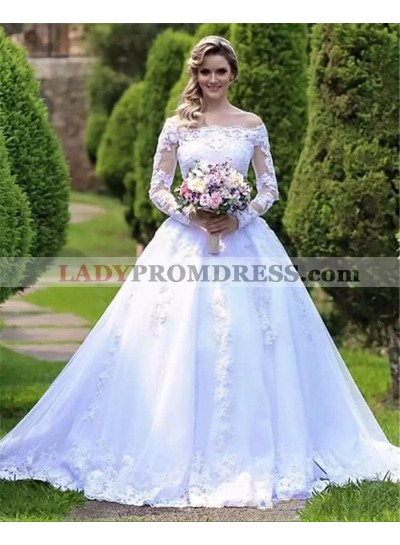 Amazing White Off Shoulder Long Sleeves Ball Gown Wedding Dresses / Bridal Gowns 2023