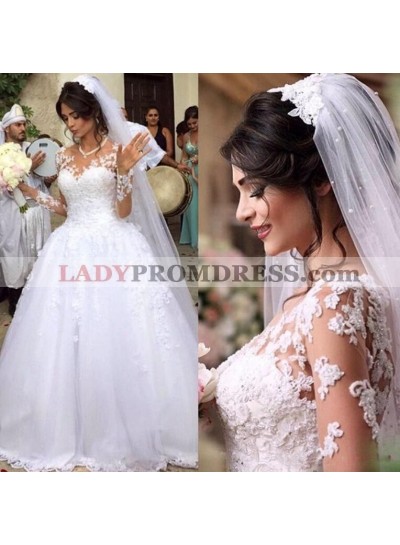 2023 Cheap Long Sleeves Sweetheart White Ball Gown Wedding Dresses / Bridal Gowns With Appliques
