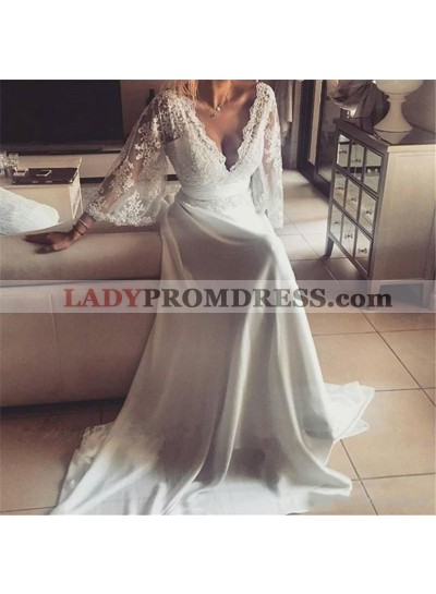 2023 Cheap A Line/Princess Chiffon V Neck Lace Long Sleeves Backless Beach Wedding Dresses / Bridal Gowns