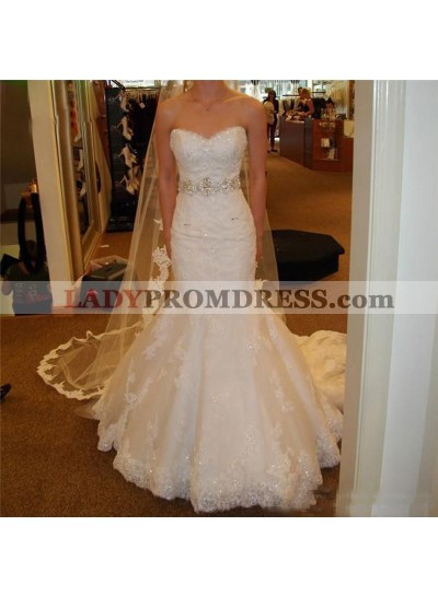 2023 Sexy Mermaid/Trumpet Sweetheart Beaded Belt Lace Up Lace Wedding Dresses / Bridal Gowns