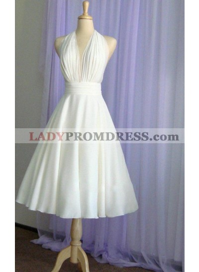 Cheap A Line/Princess Chiffon Halter Backless Tea Length Short Wedding Dresses / Bridal Gowns 2023