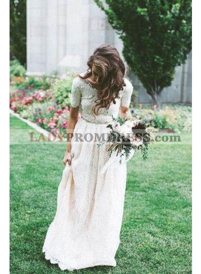 2023 Classic A Line/Princess Two Pieces Lace Sleeves Bateau Floor Length Long Wedding Dresses / Bridal Gowns