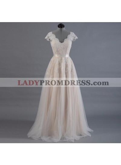 2023 New Arrival A Line/Princess Capped Sleeves Champagne Tulle Belt Wedding Dresses / Bridal Gowns