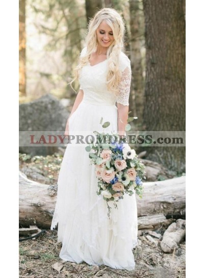 2023 Cheap A Line/Princess V Neck Half Sleeves Lace Pleated Wedding Dresses / Bridal Gowns