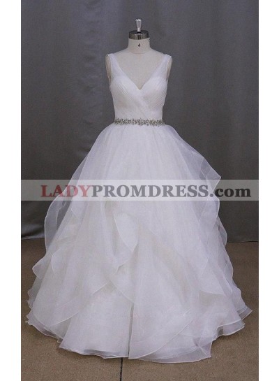 2022 Cheap V Neck Lace Up Back Organza Ball Gown Wedding Dresses / Bridal Gowns