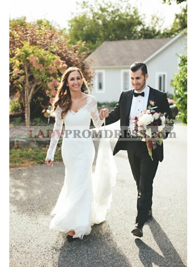 2023 Charming Mermaid/Trumpet Long Sleeves V Neck Lace Long Wedding Dresses / Bridal Gowns