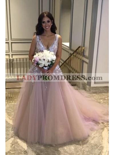 2023 New Arrival A Line/Princess Dusty Rose V Neck Tulle Wedding Dresses / Bridal Gowns With Appliques 