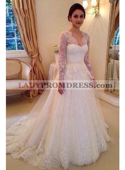 2022 Elegant A Line/Princess Long Sleeves Sweetheart Lace Long Wedding Dresses / Bridal Gowns