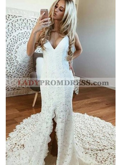 2023 Charming Sheath Side Slit V Neck Backless Lace Beach Wedding Dresses / Bridal Gowns