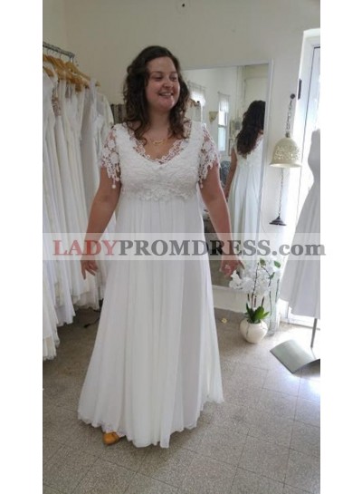 Cheap A Line/Princess Chiffon Capped Sleeves Lace Beach Wedding Dresses / Bridal Gowns 2023 