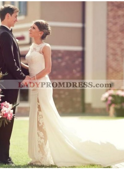 2023 Cheap Lace Sheath Side Slit Floor Length Long Wedding Dresses / Bridal Gowns