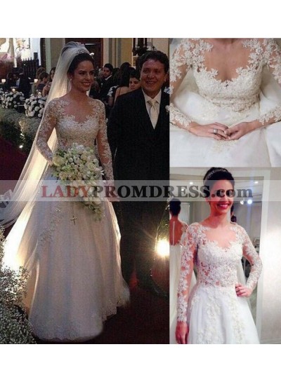 2023 New Arrival A Line See Through Back Long Sleeves Tulle Hot Sale Wedding Dresses With Appliques