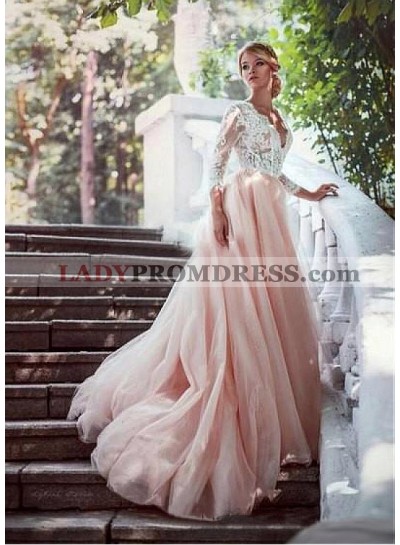 2023 Alluring A Line Tulle Pink V Neck Long Sleeves Lace Hot Sale Wedding Dresses