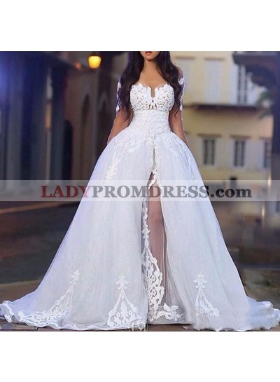 2023 Hot Sale White Long Sleeves Off Shoulder Side Slit Tulle With Appliques Wedding Dresses