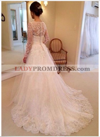 2023 A Line Long Sleeves Lace Sweetheart Long Wedding Dresses