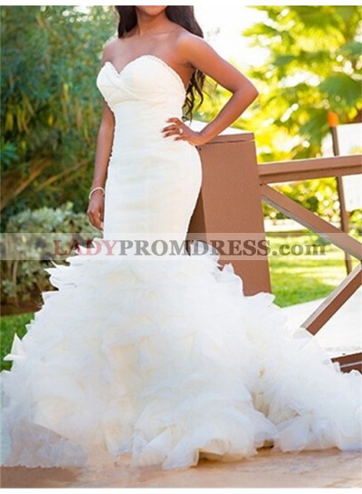 2023 Hot Sale Mermaid Sweetheart Ruffles White Tulle Sweetheart Long Wedding Dresses