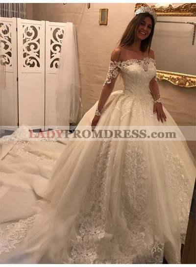 2022 Charming Long Sleeves Off Shoulder Ball Gown Lace Wedding Dresses