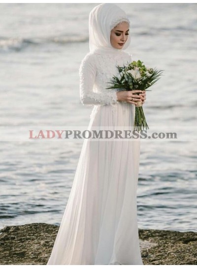 2023 Hot Sale A Line Chiffon Long Sleeves Lace Muslin Beach Wedding Dresses