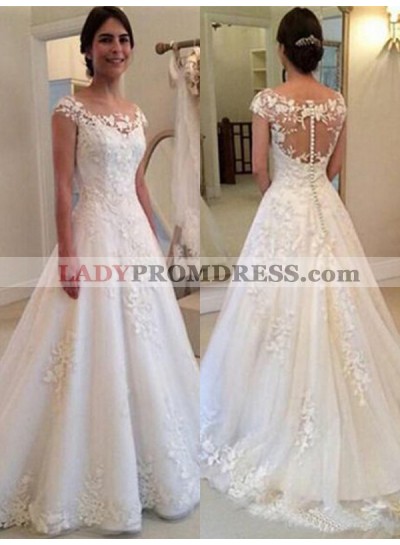 2022 New Arrival A Line Hot Sale Capped Sleeves Bateau Lace Wedding Dresses