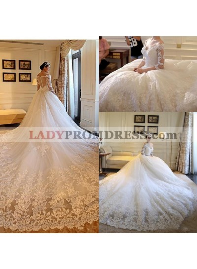 2023 A Line Long Sleeves Off Shoulder Long Train Lace Wedding Dresses