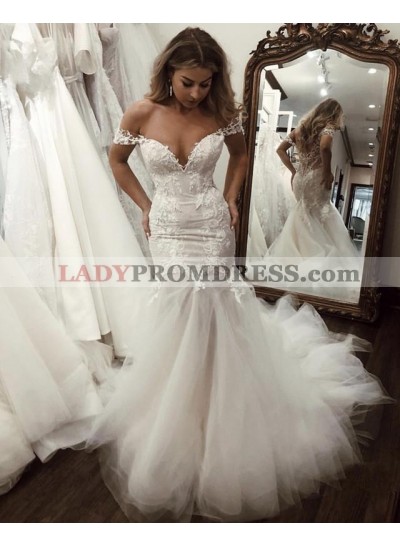 2023 Charming Mermaid Sweetheart Lace Tulle Off Shoulder Lace Hot Sale Wedding Dresses
