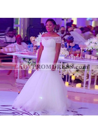 2023 Mermaid Off Shoulder Capped Sleeves Beaded Tulle South African Wedding Dresses